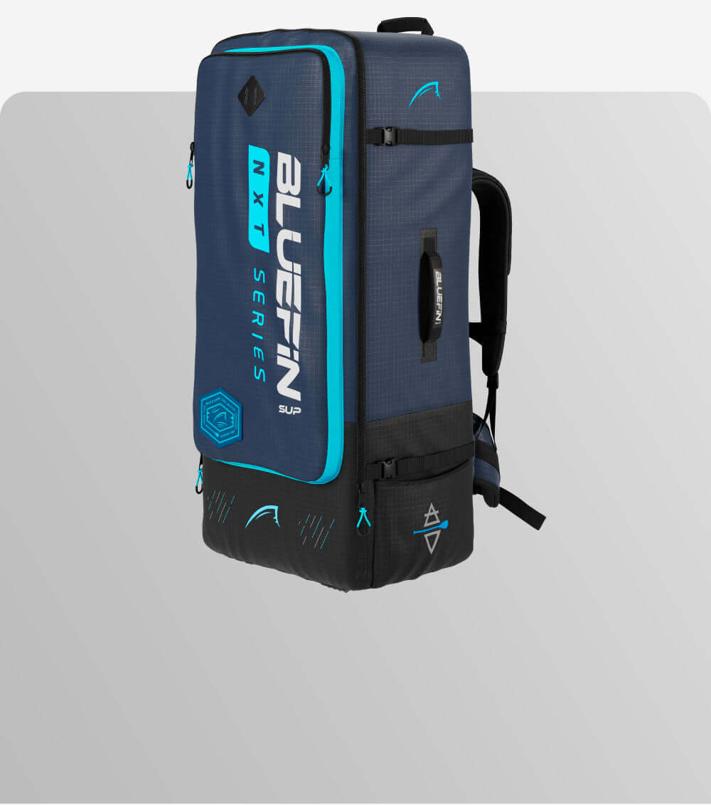 Bluefin SUP NXT Series backpack in navy and turquoise with adjustable straps and multiple compartments.