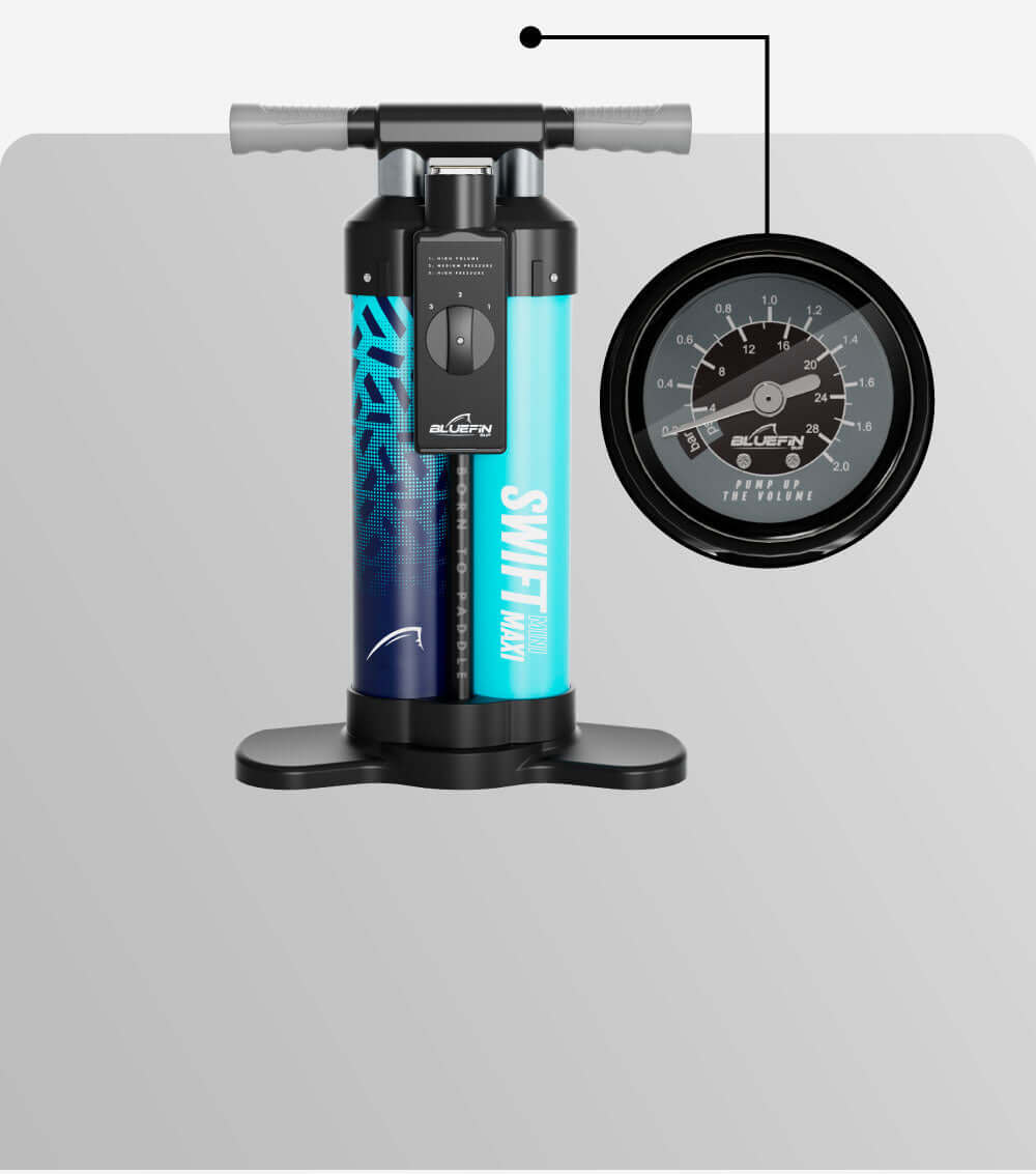 Inflation pump with dual chambers, pressure gauge, and ergonomic handles for easy use.