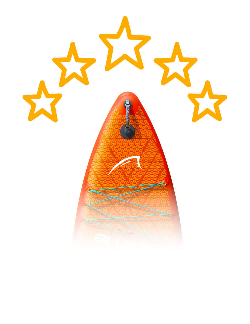 Inflatable paddleboard in orange with center fin, textured deck, and blue bungee cords for gear storage