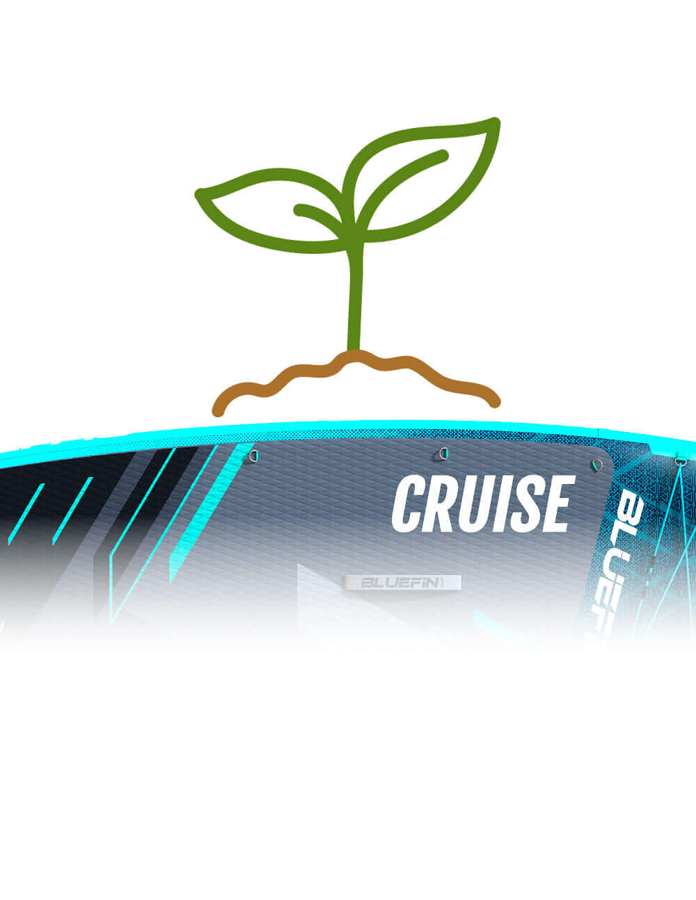 Inflatable paddleboard with blue accents, featuring the word 'CRUISE' and a plant graphic above it.