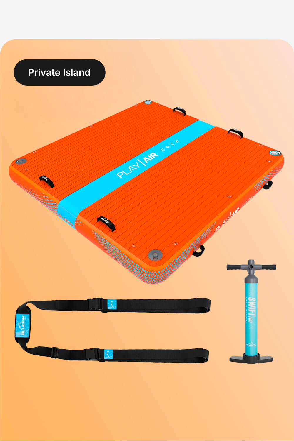 Inflatable orange paddleboard with blue stripe, straps, and pump on a gradient background