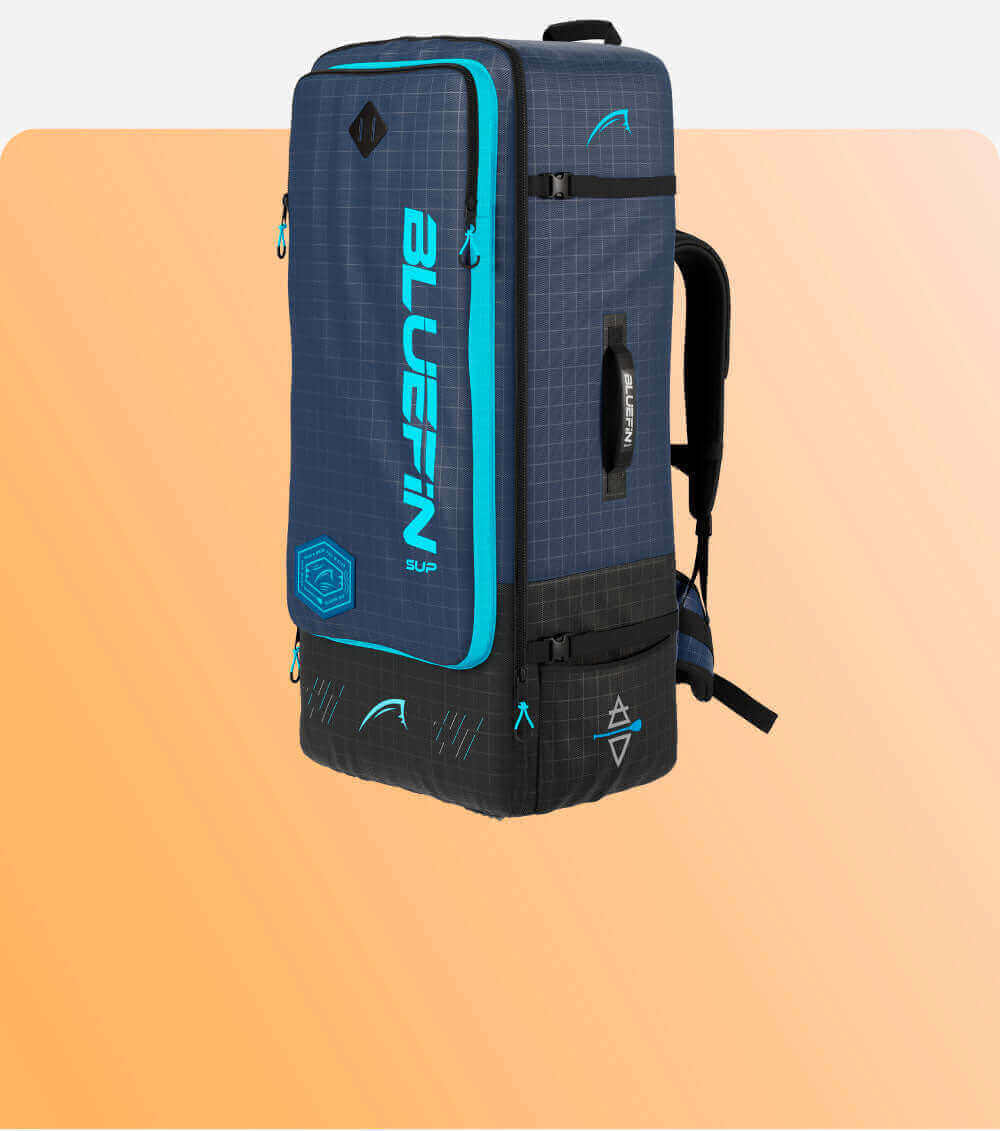 Bluefin SUP backpack in gray with blue accents, featuring adjustable straps and multiple compartments.