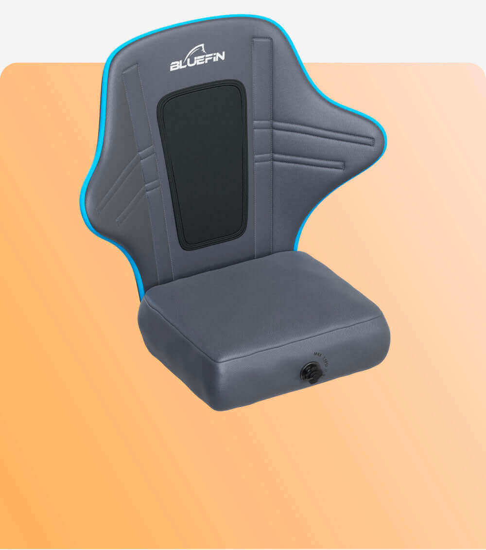Gray padded seat with blue trim and back support, featuring a black panel and adjustment knob