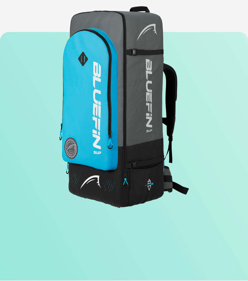 Blaues SUP-Rucksack in Grau und Blau mit Fronttasche, Riemen und Logo-Details