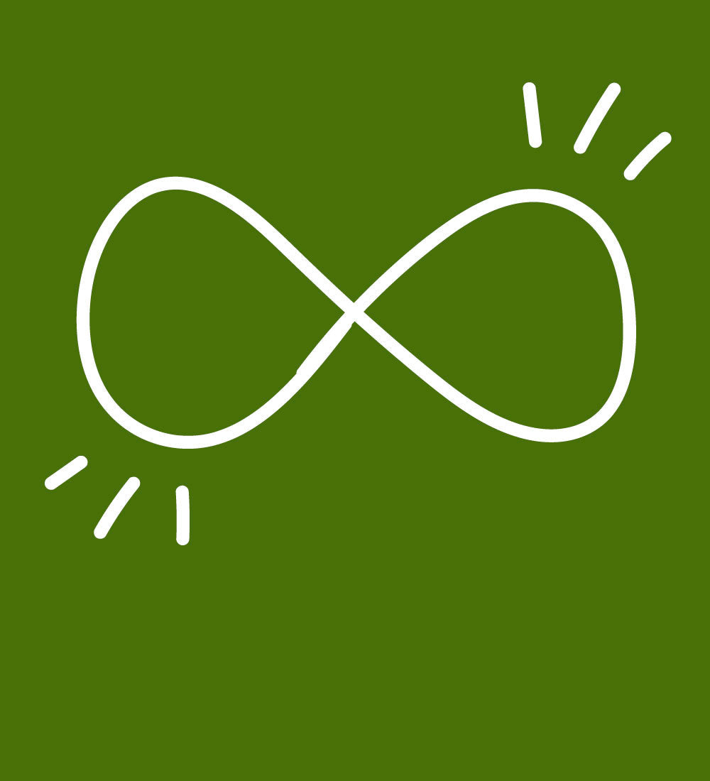 White infinity symbol on a green background with small lines radiating from the loops