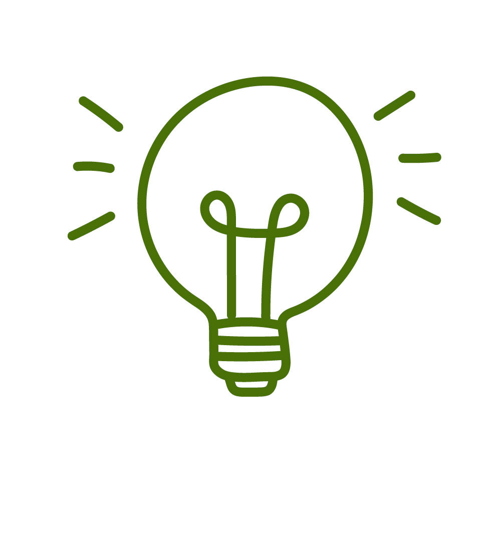 Green light bulb illustration with radiating lines indicating light emission