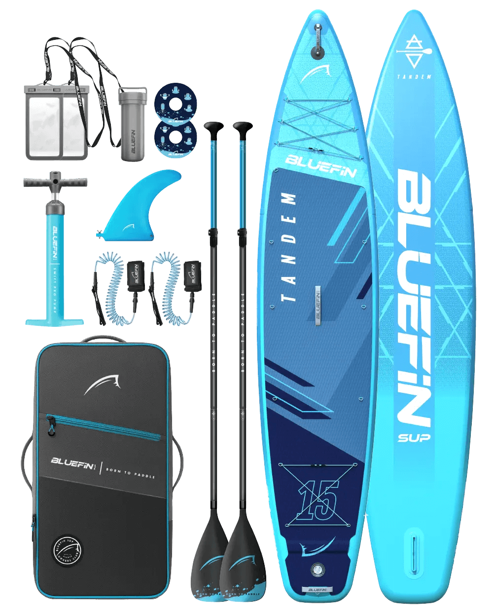 Inflatable tandem paddleboard in blue with two paddles, pump, fin, and carrying bag.
