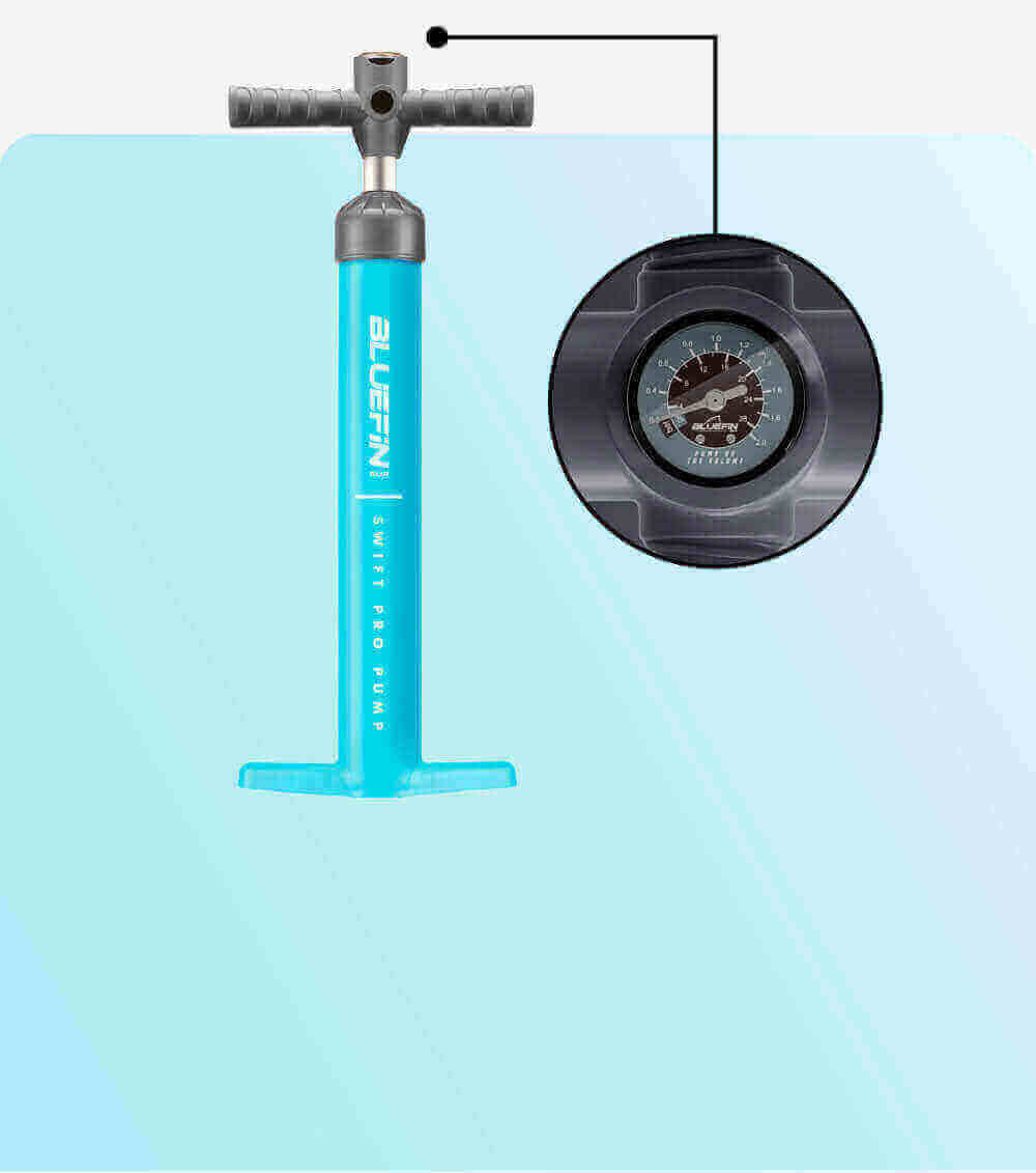 Bluefin Swift Pro Pump in turquoise with a pressure gauge on top for inflating paddleboards.