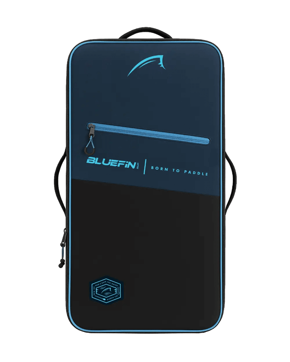 Bluefin SUP bag with blue and black design, front zip pocket, and logo on top.