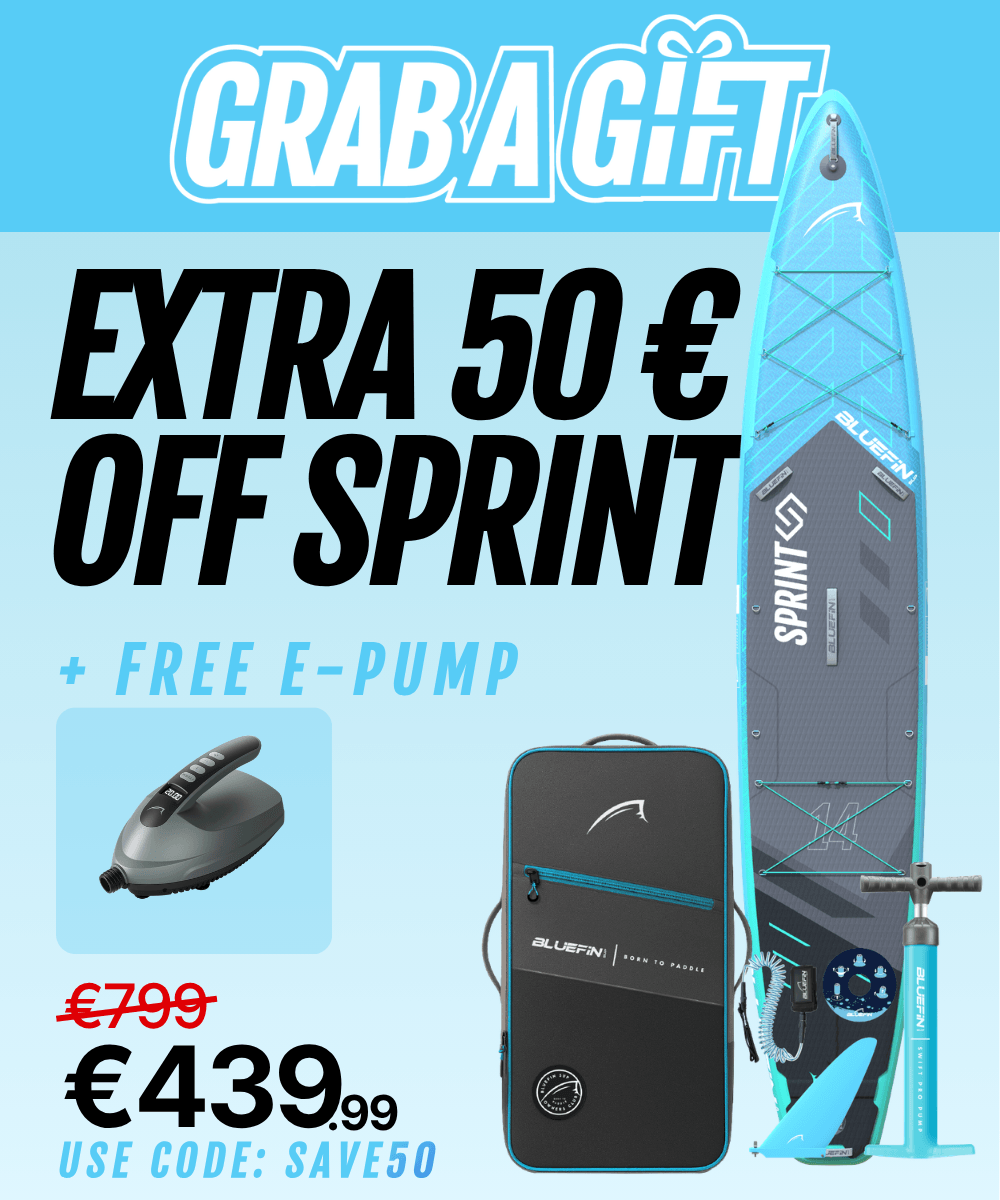 Promotional image featuring a paddleboard, e-pump, and a discount offer for Bluefin SUP products.