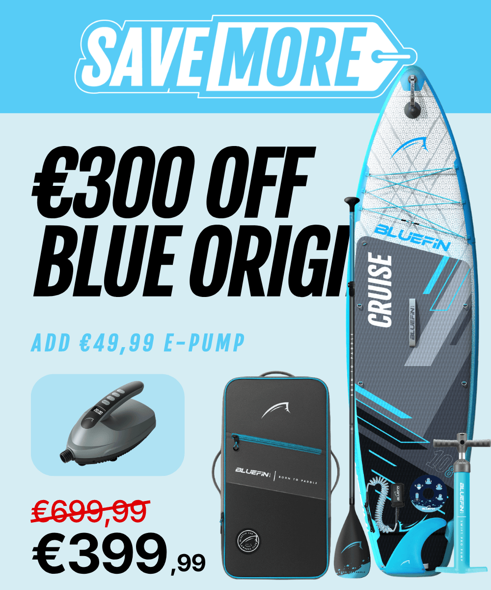 Promotional banner for Bluefin Cruise SUP package: €300 off, with e-pump, carry bag, paddle and accessories shown