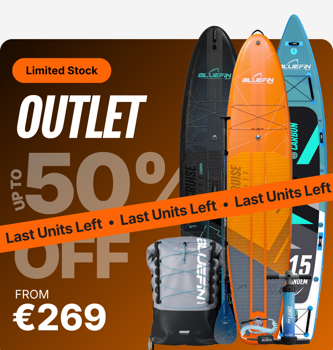 Three inflatable paddleboards in orange and black with a backpack and water bottle, showcasing a sale.