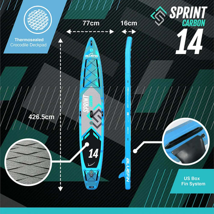 Aufblasbares Paddleboard mit blauem und grauem Design, 426,5 cm lang, 77 cm breit, 16 cm dick, US Box Fin System