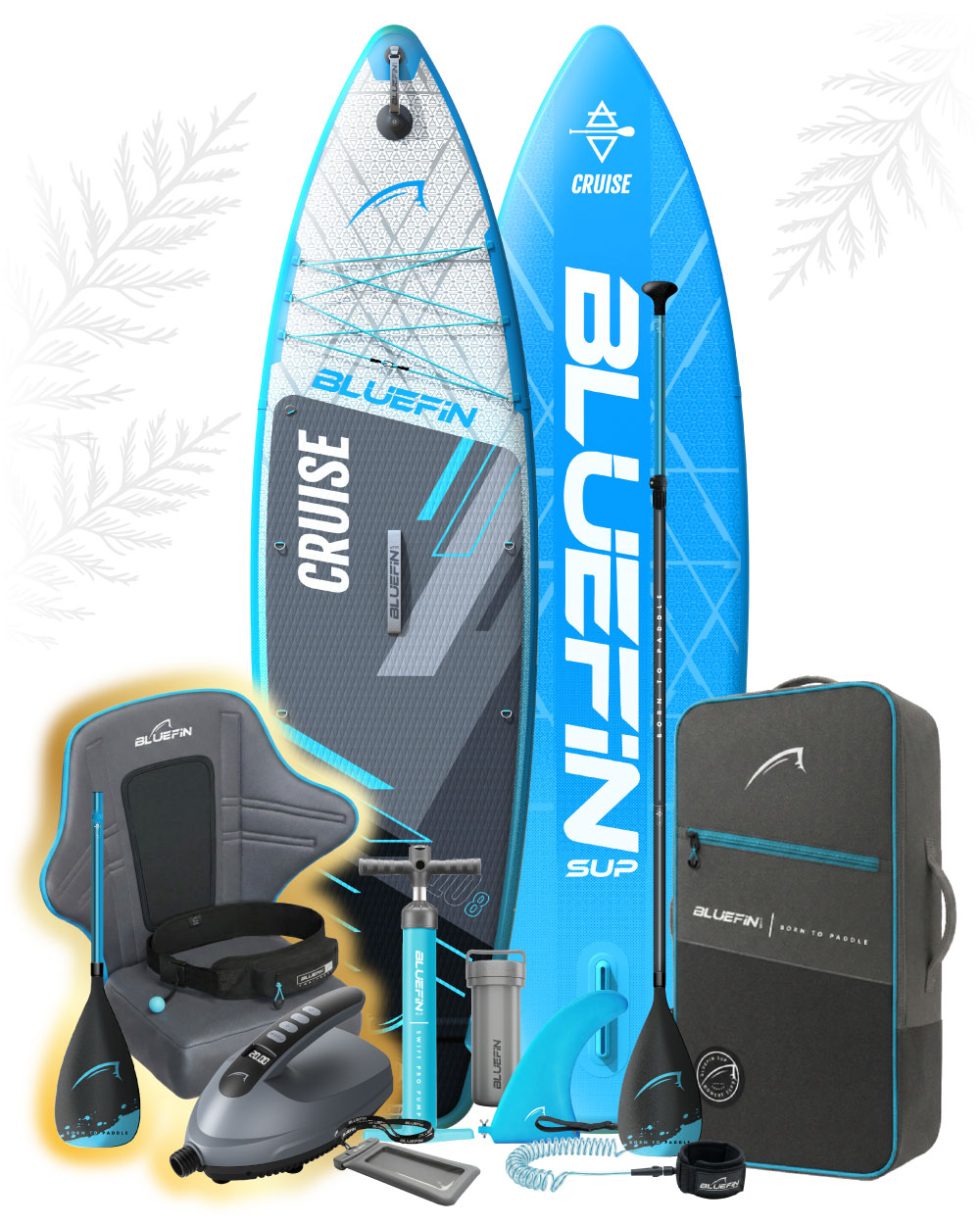 Inflatable paddleboard set with two boards, paddle, pump, seat, fin, and carrying bag in blue and gray.