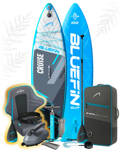 Inflatable paddleboard set with two boards, paddle, pump, seat, fin, and carrying bag in blue and gray.