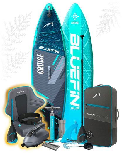 Two inflatable paddleboards in blue, accessories including a paddle, pump, and backpack for storage.