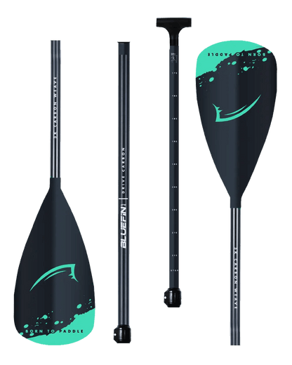 Three-piece paddle with a black shaft, teal blade, and adjustable length markings.