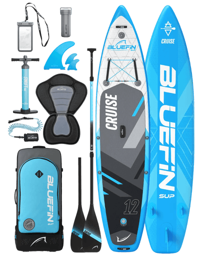Inflatable paddleboard with blue and gray design, pump, paddle, backpack, and accessories for water sports.