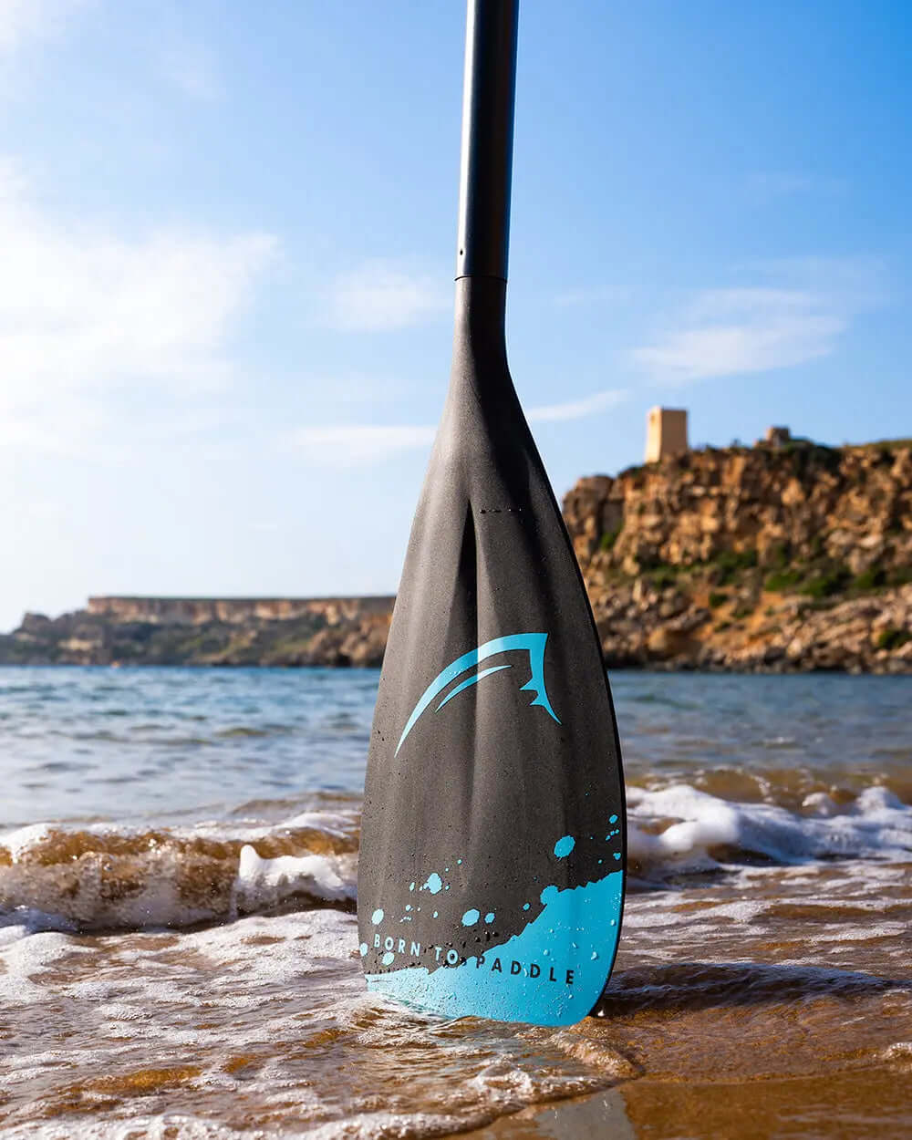 Black paddle blade with blue design, partially submerged in water at a beach with rocky cliffs in background.