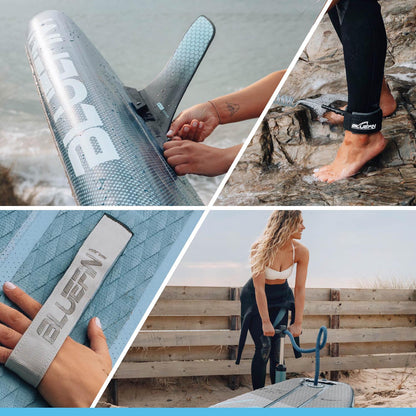 Collage of paddleboard details: fin attachment, textured deck, and a woman preparing to paddle.