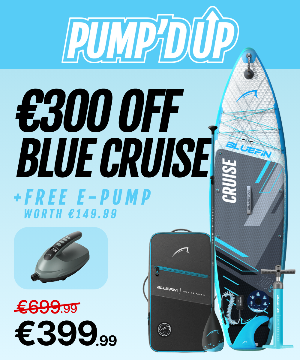 Inflatable paddleboard with blue and black design, e-pump, and carrying bag, showcasing discount details.
