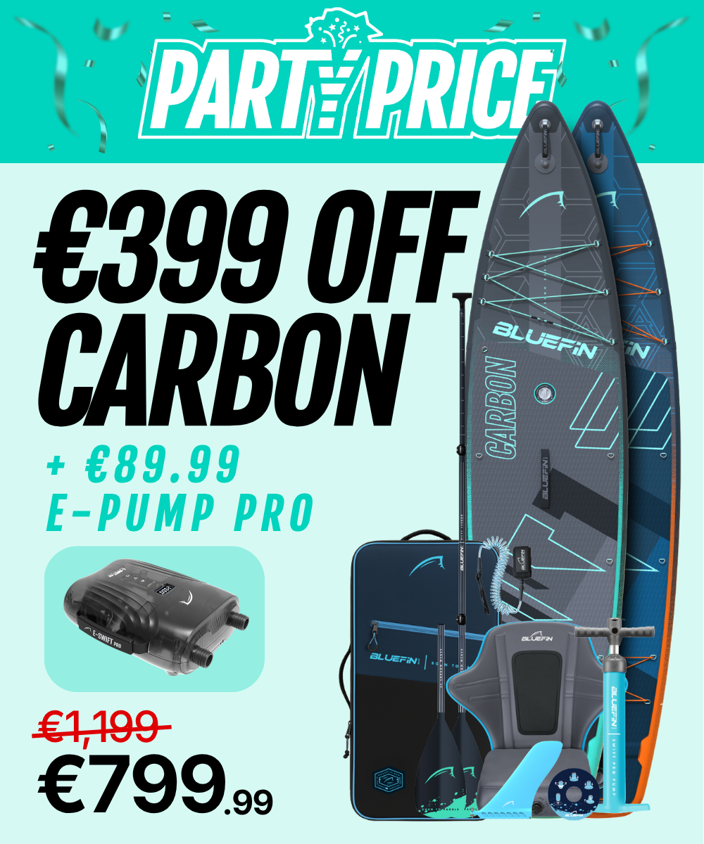 Two inflatable paddleboards with accessories, including a pump, bag, and seat, priced at €799.99.