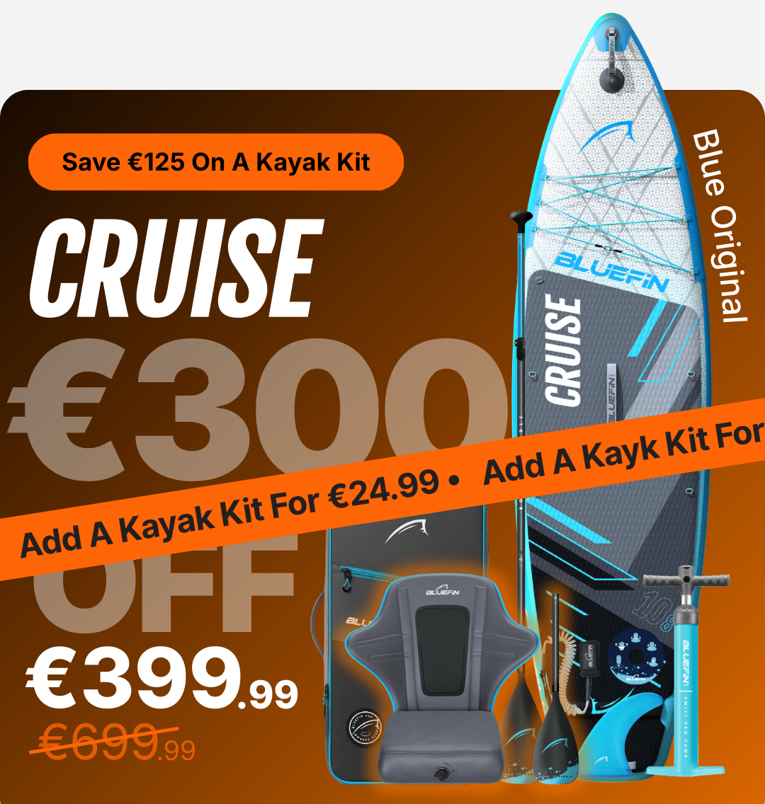 Inflatable paddleboard with blue accents, kayak kit, and accessories on a promotional background