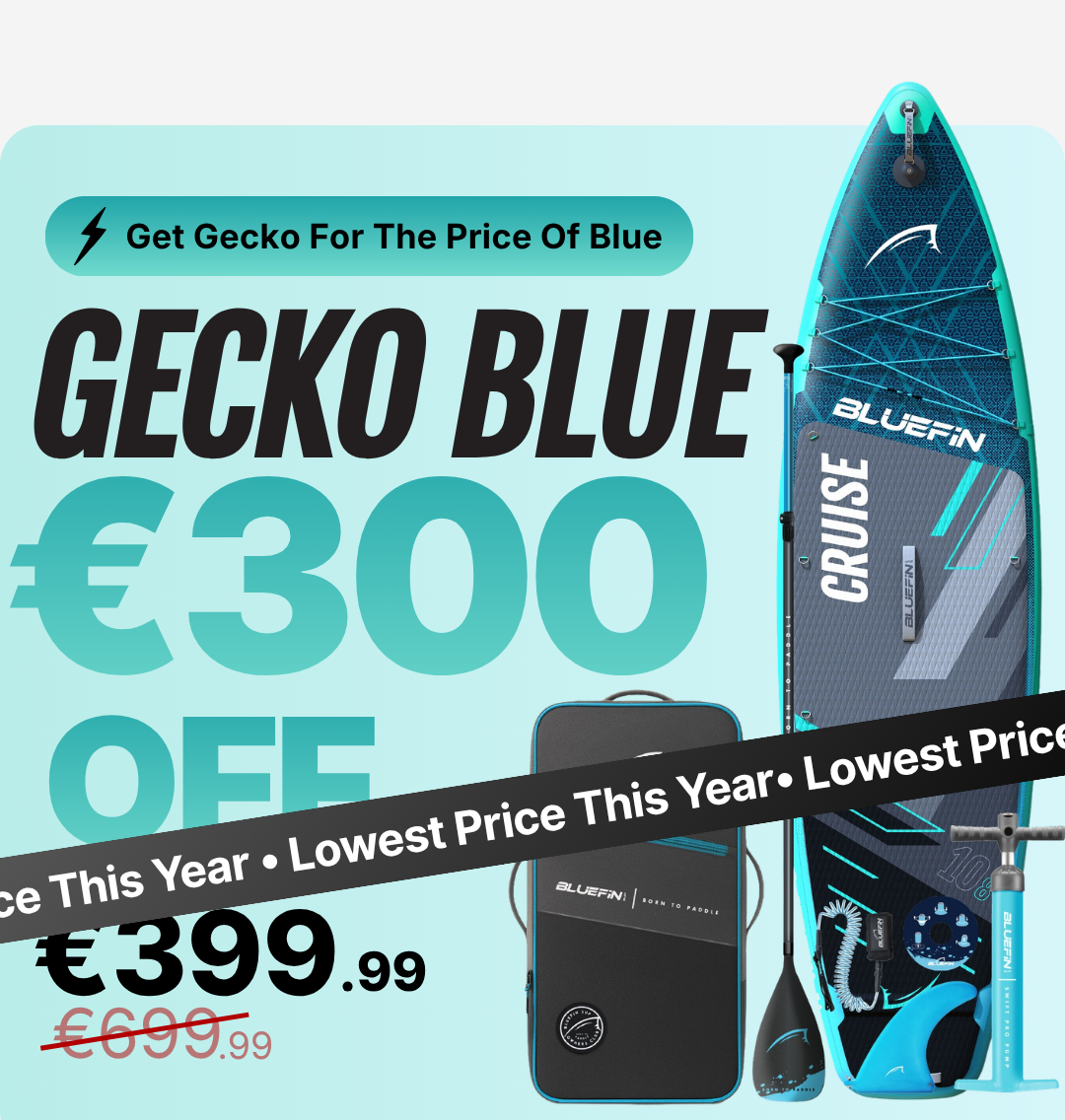 Inflatable paddleboard in Gecko Blue with textured deck, fin, paddle, and carry bag displayed.