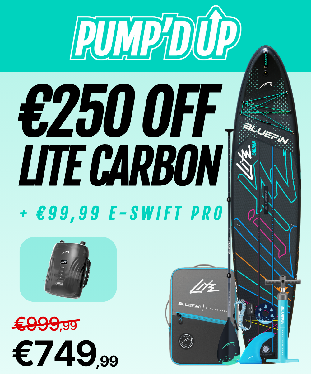 Promotional image featuring a Bluefin Lite Carbon paddle board, price details, and included accessories.