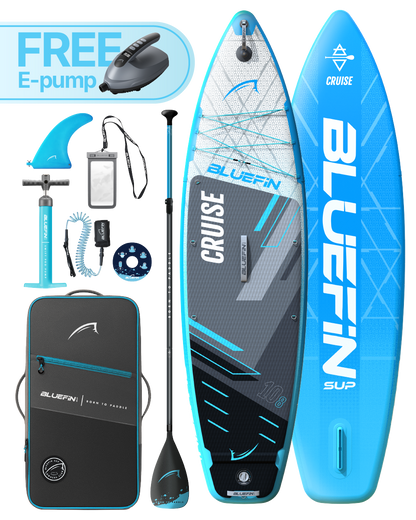 Inflatable paddleboard with blue and gray design, paddle, e-pump, fin, and carrying bag included.