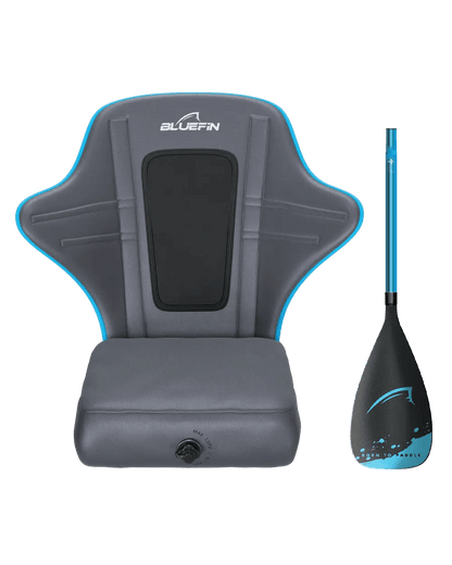 Gray padded seat with blue trim and adjustable straps next to a black and blue paddle