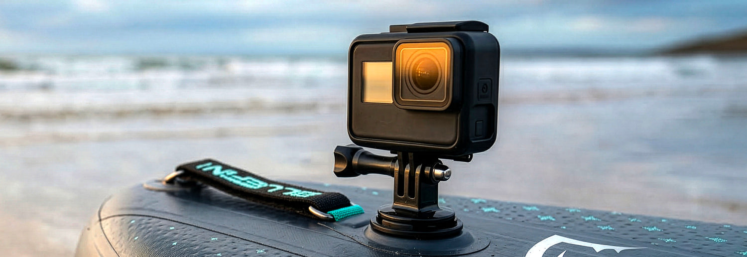 Action camera mounted on a paddleboard, capturing the ocean in the background during sunset.