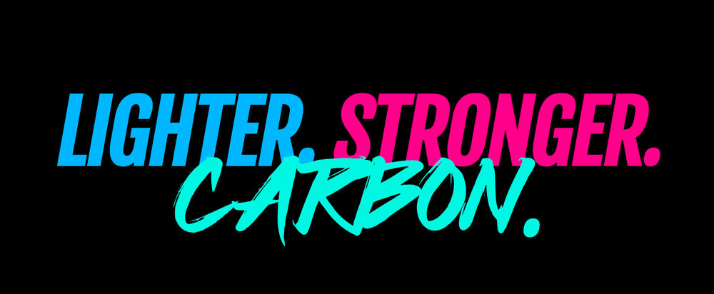 Text graphic with the words Lighter, Stronger, Carbon in blue, pink, and teal on a black background.