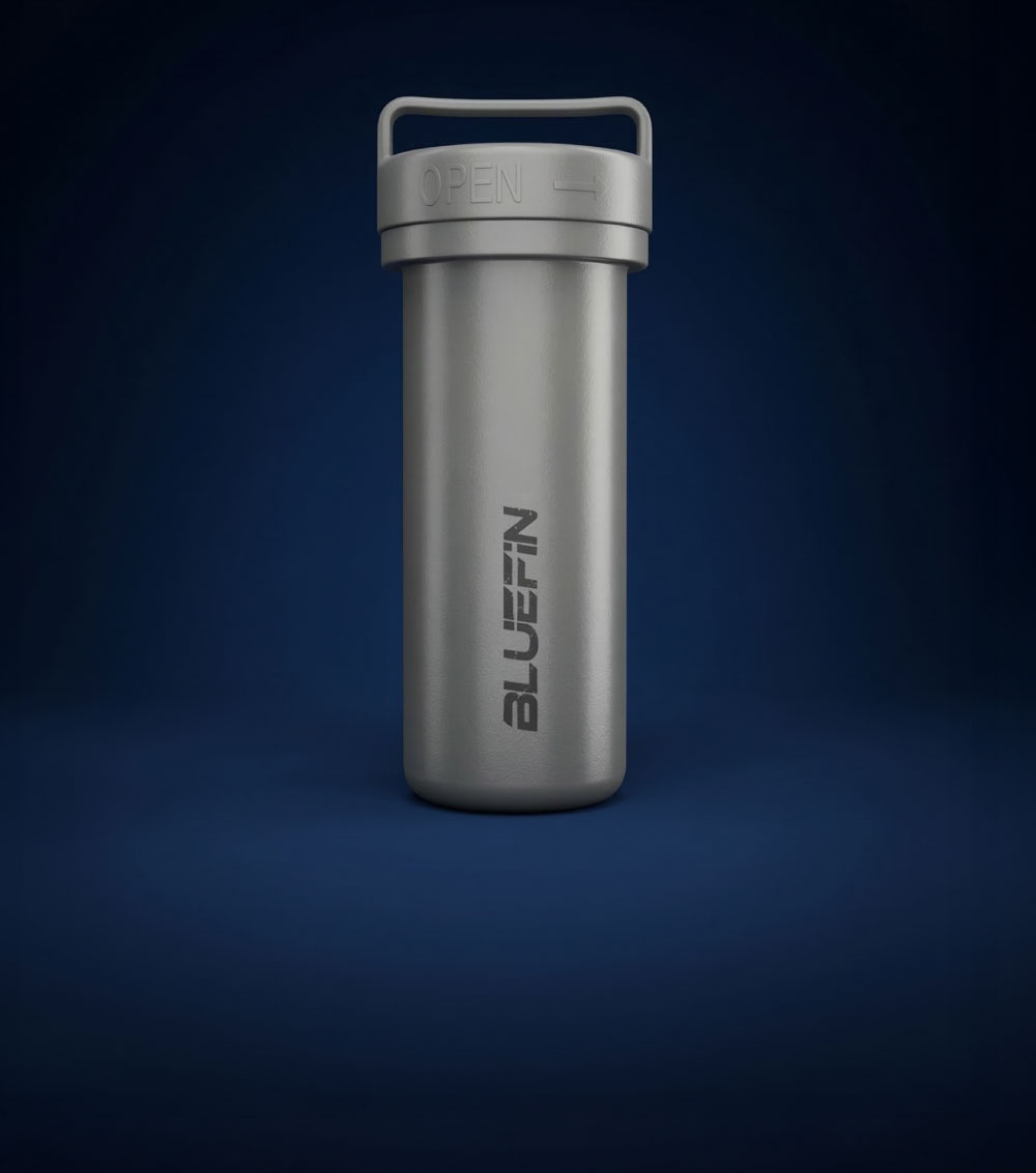 Silver cylindrical container with a lid labeled 'OPEN' and 'BLUEFIN' branding.