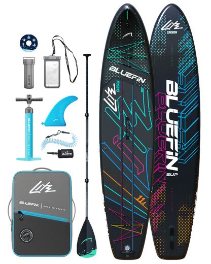 Lite Carbon opblaasbare paddleboardset met peddel, pomp, vin, leash, draagtas en accessoires