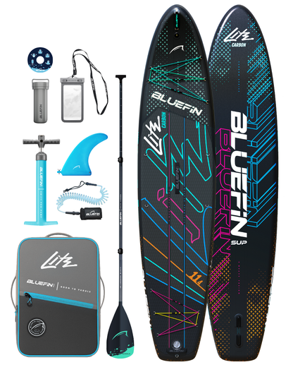 Inflatable paddleboard with colorful design, paddle, pump, fin, and carrying bag for travel.