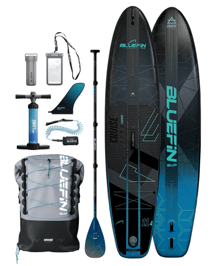Inflatable paddleboard with accessories including paddle, pump, backpack, and waterproof case.