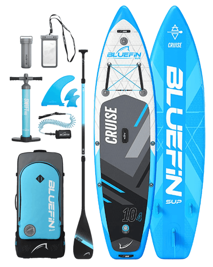 Inflatable paddleboard kit with blue board, paddle, pump, fins, backpack, and accessories.