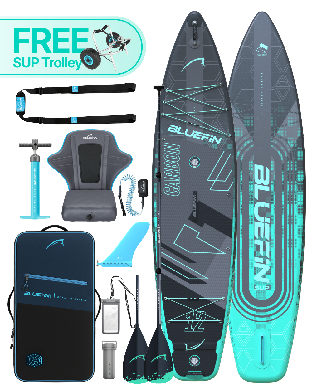 Inflatable paddleboard with accessories including a seat, pump, paddles, and a trolley for transport