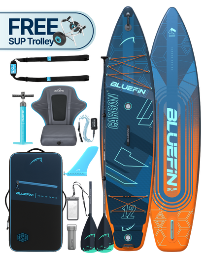 Inflatable paddleboard with blue and orange design, paddle, pump, seat, and accessories in a carrying bag