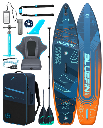 Inflatable paddleboard with accessories including paddle, pump, seat, and backpack in blue and orange colors.