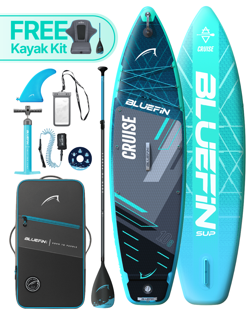 Inflatable paddleboard with kayak kit, paddle, pump, fin, and carrying bag in blue and gray colors.