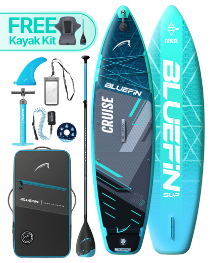 Inflatable paddleboard with kayak kit, paddle, pump, fin, and carrying bag in blue and gray colors.