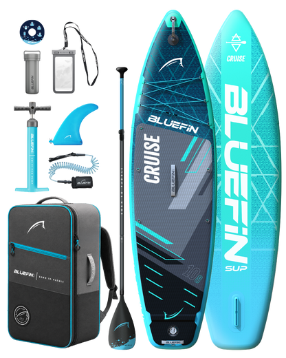 Inflatable paddleboard with accessories including a fin, pump, paddle, and carrying bag in blue and black.