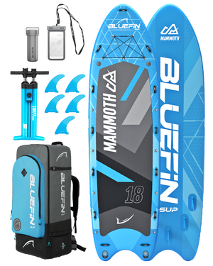 Inflatable paddleboard with blue and gray design, pump, fins, backpack, and waterproof phone case.
