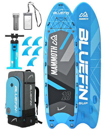 Inflatable paddleboard with blue and gray design, pump, fins, backpack, and waterproof phone case.