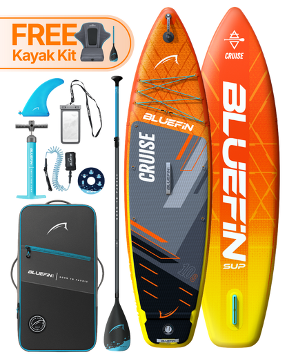 Inflatable paddleboard with orange and gray design, kayak kit, paddle, pump, and accessories included.