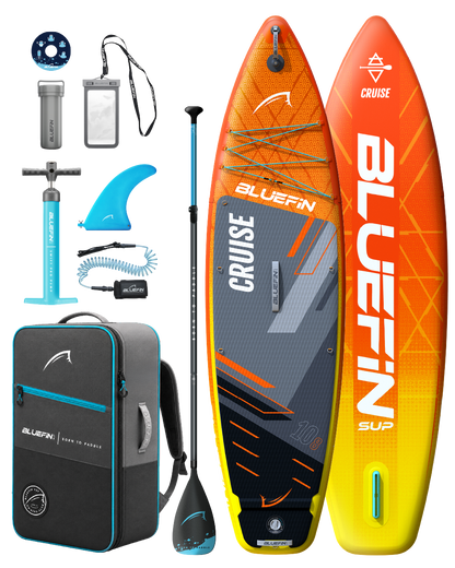 Inflatable Bluefin SUP paddleboard with accessories including a pump, paddle, fin, and backpack.