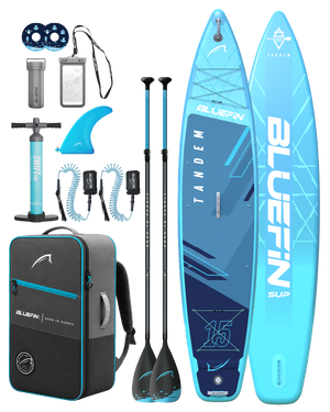 Paquete de SUP hinchable Tandem de 15 pies con tablas, remos, bomba, quillas, correas, bolsa estanca y mochila; parte frontal