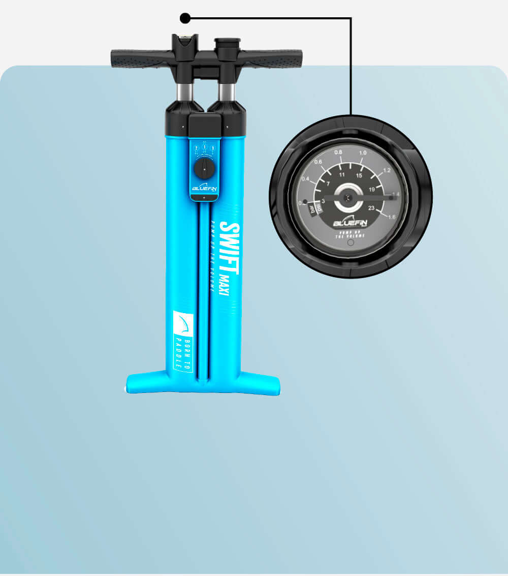 Blue inflatable pump with pressure gauge, labeled SWIFT MAX, for inflating paddleboards.